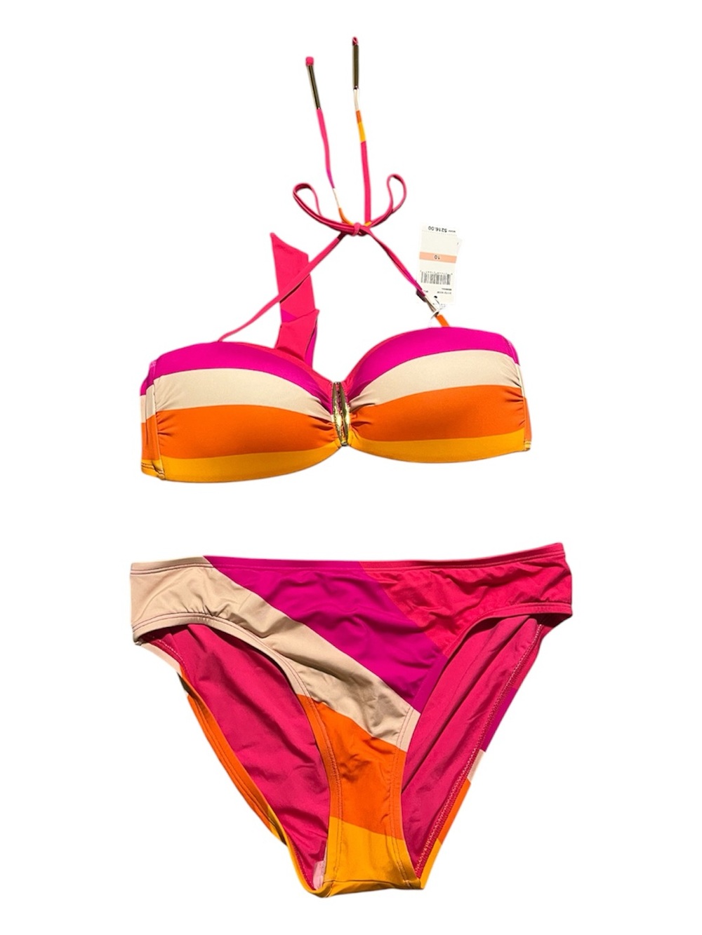 Striped Bandeau Bikini Set in Pink, Orange & Cream